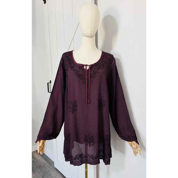 NWT Holy Clothing Size XL/1X Tunic Top Maroon Embroidered Boho Renaissance - Picture 1 of 9